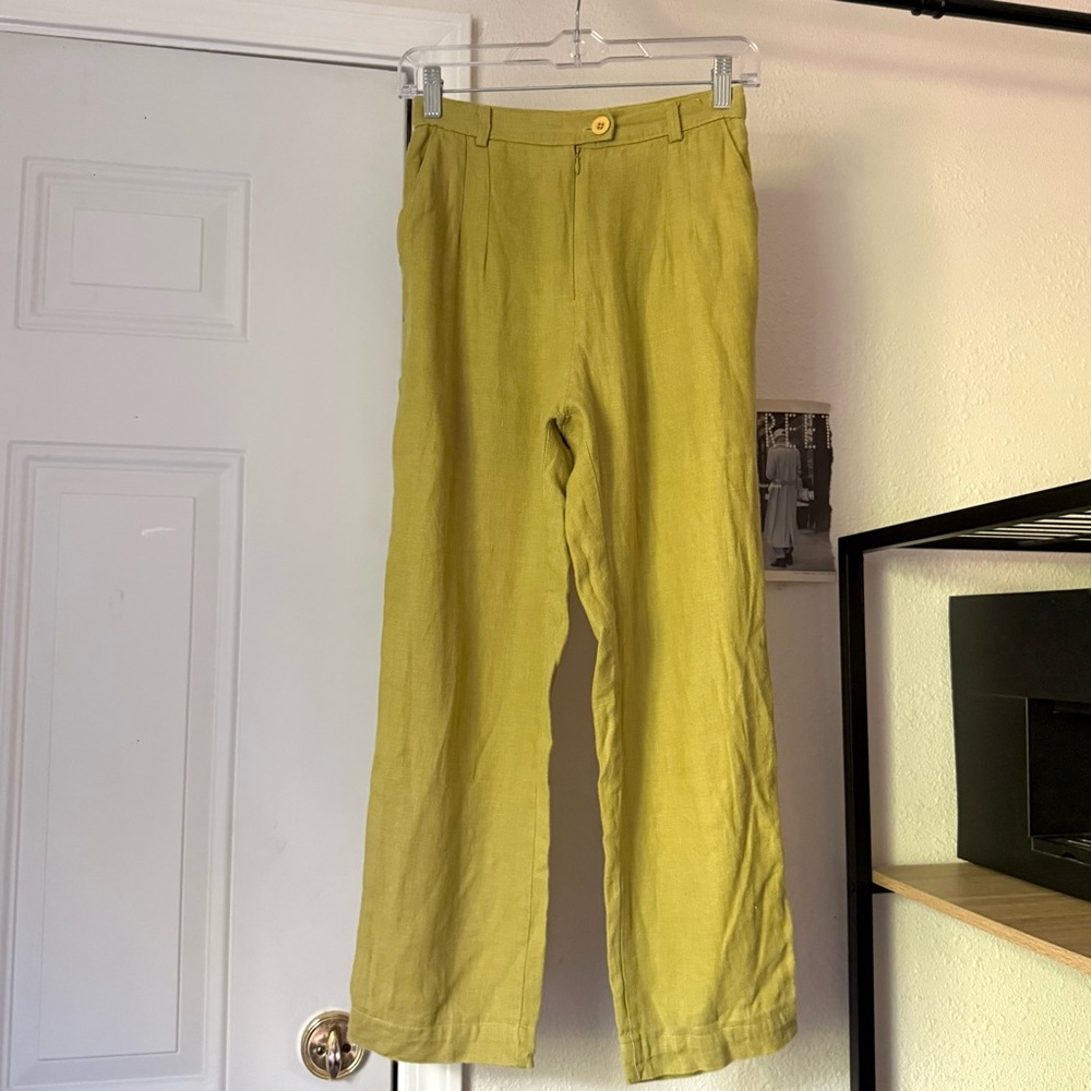SELVA / NEGRA olive green linen high rise slim straight leg cropped pants
